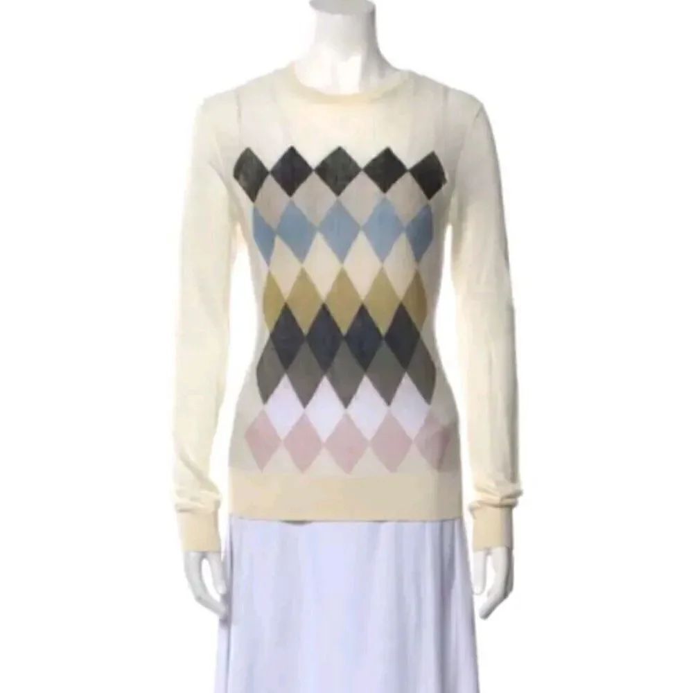 Theory Argyle Intarsia Sweater Ivory Linen-Blend Size Medium Crewneck Pullover